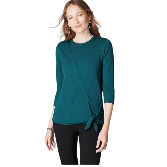 J Jill Wrap Side Tie Crew-Neck Cashmere Blend 3/4 Sleeve Sweater Knit Top Drape - Picture 1 of 16